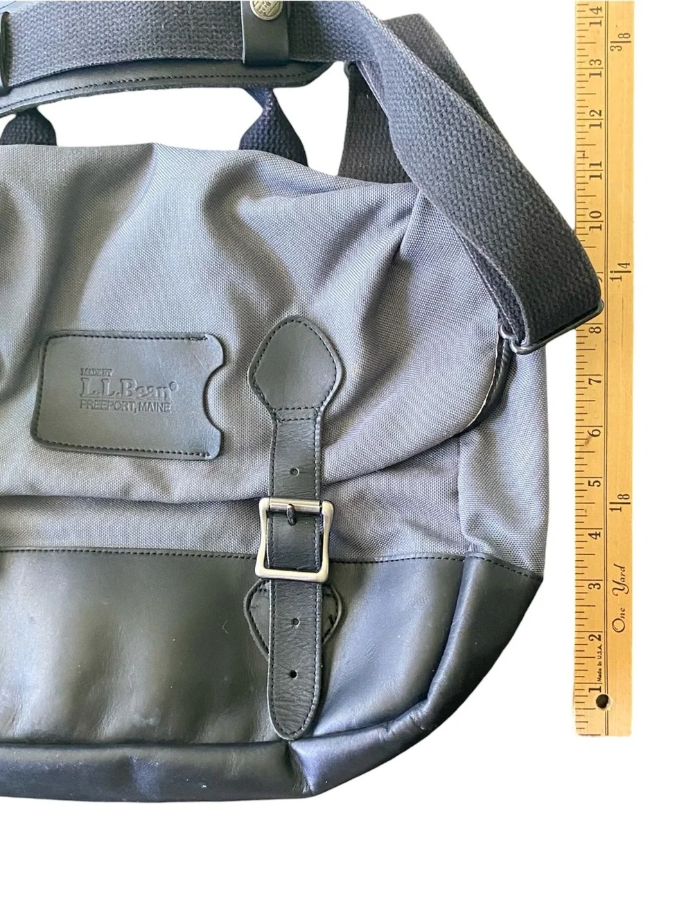 Vintage LL Bean Black Leather Gray Canvas Fishing Field Messenger Buckle Bag Vtg